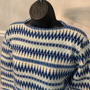 Vintage Franconia Rikki Blue & Ivory Geometric Print Wool Ski Sweater Size S